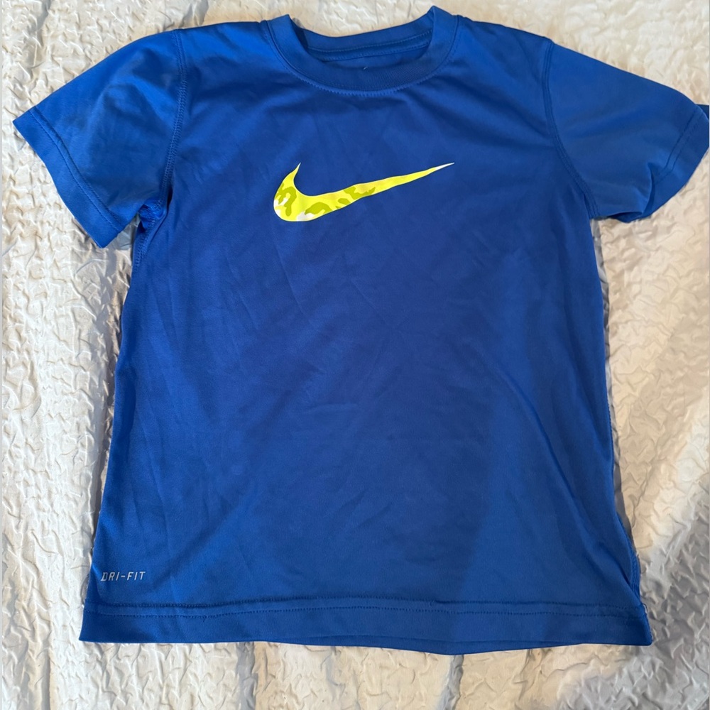Nike Kids Short Sleeve Blue Tee with Yellow Swoosh